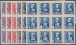 Spanien: 1938/1939, Queen Isabella Definitives Complete Set Of Six In IMPERFORATE Blocks Of Twelve, - Gebruikt