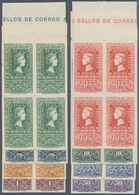 Spanien: 1950, Centenary Of Spanish Stamps Complete Set Of Eight In Blocks Of Four From Upper Margin - Gebruikt