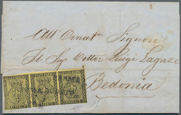 Italien - Altitalienische Staaten: Parma: 1852, 5 C Black On Yellow, Horizontal Strip Of 3, Slightly - Parma