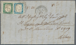 Italien - Altitalienische Staaten: Sardinien: 1857, 5 Cent Emerald Green And 20 Cent Milk Blue On Le - Sardinië