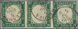 Italien - Altitalienische Staaten: Sardinien: 1857, 5 C Myrtle Green, Horizontal Strip Of 3, Even To - Sardegna