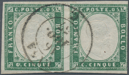 Italien - Altitalienische Staaten: Sardinien: 1857/1858, 5c. Light Myrtle-green, Horizontal Pair, Fr - Sardinië