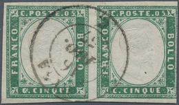 Italien - Altitalienische Staaten: Sardinien: 1857/1858, 5c. Light Myrtle-green, Horizontal Pair, Fr - Sardegna
