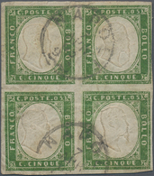 Italien - Altitalienische Staaten: Sardinien: 1862, 5c. Yellow-green, Block Of Four, Fresh Colour, S - Sardegna