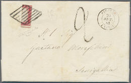 Italien - Altitalienische Staaten: Sardinien: 1861: 40 C Carmine Red, Vertical Bisect On Letter Fron - Sardinia