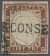 Italien - Altitalienische Staaten: Sardinien: 1862, 3 Lire Brown, Cancelled, Slightly Defective, Sig - Sardinia