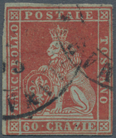 Italien - Altitalienische Staaten: Toscana: 1851: 60 Crazie Dark Scarlet On Grey, Cancelled, With Th - Toscane