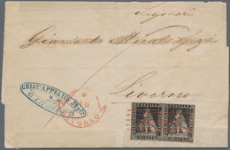 Italien - Altitalienische Staaten: Toscana: 1857, 1 Qu Black, Horizontal Pair, Top Margins Slightly - Toscana