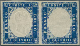 Italien: 1863, 15c. Blue, Horizontal Pair, Left Stamp Without Embossing Of King's Head, Unused No Gu - Neufs
