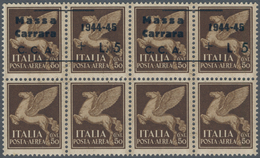 Italien: 1945, C.L.N. MASSA CARRARA Local Issue, 5 Lire On 50 C Brown Airmail Stamp, 12 Blocks Of Fo - Ungebraucht