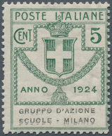 Italien - Portofreiheitsmarken: 1924, GRUPPO D'AZIONE SCUOLE - MILANO, 5c. Green Showing Variety "do - Franchigia