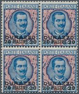 Italienische Post In Albanien: 1909, 20pi. On 5l. Blue/rose, BLOCK OF FOUR, Fresh Colour, Well Perfo - Albanie
