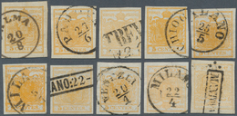 Österreich - Lombardei Und Venetien: 1850, 5 C Gelb, Partie Mit 10 Gestempelten Marken, Dabei Augens - Lombardo-Veneto