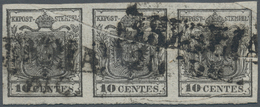 Österreich - Lombardei Und Venetien: 1850, 10 C Schwarz, Handpapier, Waagerechter 3er-Streifen, Alls - Lombardije-Venetië