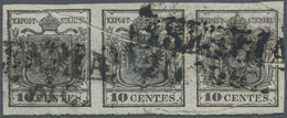 Österreich - Lombardei Und Venetien: 1850, 10 C Schwarz, Handpapier, Waagerechter 3er-Streifen, Alls - Lombardo-Vénétie