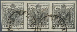 Österreich - Lombardei Und Venetien: 1850, 10 C Grauschwarz, Handpapier, Waagerechter 3er-Streifen M - Lombardije-Venetië