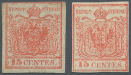 Österreich - Lombardei Und Venetien: 1850/1854, 15 C Rot, Handpapier, Type I, Dreiseits Vollrandig, - Lombardo-Veneto