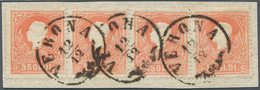 Österreich - Lombardei Und Venetien: 1858, 5 So Rot, Type I, Waagerechter 4er-Streifen Auf Briefstüc - Lombardy-Venetia
