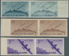 San Marino: 1946, Airmail Stamps 25c. Blackish-blue, 1lire Brown And 3lire Violet In Horizontal IMPE - Andere & Zonder Classificatie