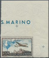 San Marino: 1951, Airmail 1000 L. With Corner Sheet Margins, Mint Never Hinged, Fine - Andere & Zonder Classificatie