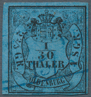 Oldenburg - Marken Und Briefe: 1852: 1/30 Th. Schwarz Auf Blau, Type I Mit Plattenfehler II, (Retusc - Oldenbourg