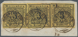 Württemberg - Marken Und Briefe: 1851, Dreimal Ziffern 3 Kr. Schwarz Auf Seltene E-Papierfarbe Ocker - Altri & Non Classificati