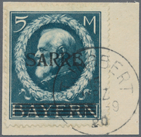 Deutsche Abstimmungsgebiete: Saargebiet: 1920, 5 Mark Blau, Sarre-Bayern Mit AUFDRUCK-ABART: „Kleine - Briefe U. Dokumente