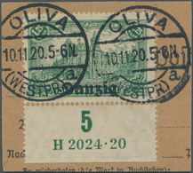 Danzig: 1920, 1,25 M. Dunkelbläulichgrün, Unterrandstück Mit HAN "H 2024.20" Auf Paketkartenbriefstü - Other & Unclassified