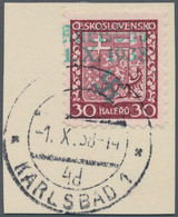 Sudetenland - Karlsbad: 1938, 30 H. Stadtwappen Mit Aptiertem Ersttagstempel "KARLSBAD 4d 1.X.38" Au - Sudetes