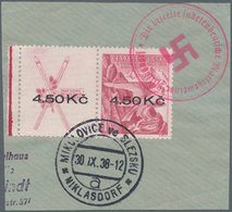 Sudetenland - Niklasdorf: 1938, 4,50 Kc. Auf 1 Kc. Sokol-Winterspiele Mit überdrucktem Leerfeld Link - Région Des Sudètes