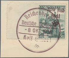 Sudetenland - Reichenberg: 1938, 3 Kc.-5 Kc. Freimarken Auf Vier Briefstücken, Zum Teil Winzig Fleck - Sudetes