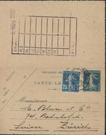 Entier Carte Lettre Semeuse Camée 25c Bleu Oblitération à L'arrivée CAD Suisse Zurich 8 3 22 Entier Daté De Paris - Cartes-lettres