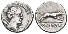 C. POSTUMIUS. Denario. 73 A.C. Roma. A/ Busto De Diana A Derecha, Sobre Su Espalda Arco Y Carcaj. R/ Perro En Marcha A D - República (-280 / -27)