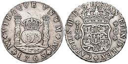 CARLOS III. 8 Reales. 1763. Lima JM. Columnario. Puntos Sobre Las Dos LMA. Cal-839. Ar. 26,75g. Marquitas. MBC+. - Other & Unclassified