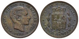 ALFONSO XII. 5 Céntimos. 1878. Barcelona OM. Cal-72. Ae. 4,69g. Precioso Tono Irisado. EBC. - Otros & Sin Clasificación