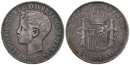 ALFONSO XIII. 1 Peso. 1897. Manila SGV. Cal-81. Ar. 24,77g. Pátina. MBC+. - Andere & Zonder Classificatie