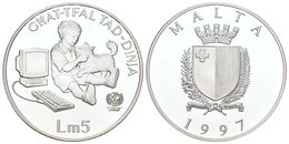 MALTA. 5 Liri. 1997. Unicef. Incluye Certificado. Km#115. Ar. 28,40g. SC. Proof. - Autres & Non Classés