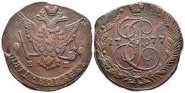 RUSIA. Catherina II. 5 Kopeks. 1777. Ekaterinburg EM. Km#59.3; Bitkin 626. Ae. 52,25g. MBC+. - Otros & Sin Clasificación