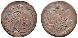 RUSIA. Catherina II. 5 Kopeks. 1779. Ekaterinburg EM. Km#59.3; Bitkin 630. Ae. 53,35g. BC+/MBC-. - Sonstige & Ohne Zuordnung