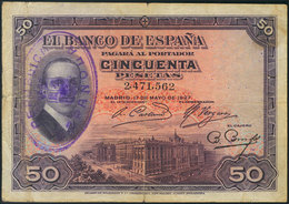 50 Pesetas Resellado REPUBLICA / ESPAÑOLA Sobre El Billete Del 17 De Mayo De 1927. (Edifil 2017: 332). BC. - Otros & Sin Clasificación