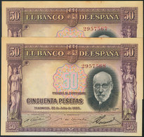 50 Pesetas. 22 De Julio De 1935. Sin Serie, Pareja Correlativa. Tonalizados. (Edifil 2017: 366). MBC+. - Other & Unclassified