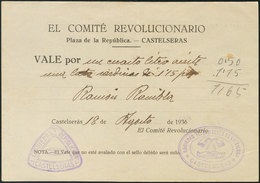 Vale Emitido Por El Comité Revolucionario De Castelseras (Teruel), Fechado El 18 De Agosto De 1936, Con Las Marcas IZQUI - Andere & Zonder Classificatie