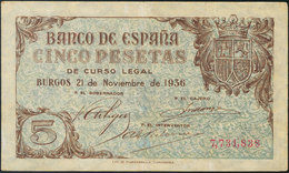 5 Pesetas. 21 De Noviembre De 1936. Banco De España, Burgos. (Doblez Vertical Y Reparado) (Edifil 2017: 417). BC. - Sonstige & Ohne Zuordnung
