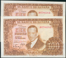 100 Pesetas. 7 De Abril De 1953. Serie J, Pareja Correlativa. (Edifil 2017: 464b). SC-. - Otros & Sin Clasificación