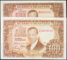 Conjunto De Dos Billetes De 100 Pesetas De La Emisión Del 7 De Abril De 1953. Serie J Castaño Oscuro Y Serie 1N Castaño  - Sonstige & Ohne Zuordnung