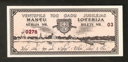 T. Latvia VENTSPILS Naudas Zime 3 VENTI 1990 700th Anniversary Mantu Loterija Lottery Ticket No. 03 - 0278 - Lettonie