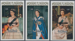 Cook-Inseln: 1987, 60th Birthday Of QEII Complete Set Of Three Miniature Sheets With Black Or Silver - Cookeilanden