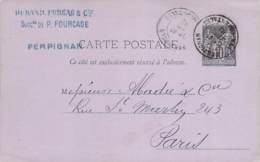 Entier Postal - Précurseur 1882 Sage 10c Cad Perpignan Pour Paris, Tampon Durand Forgas & Cie Perpignan - Cartoline Precursori