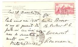 PARIS Carte Postale Dest ROUMANIE Buccarest 90c Puy En Velay Yv 290 Ob 29 12 1934 - Covers & Documents