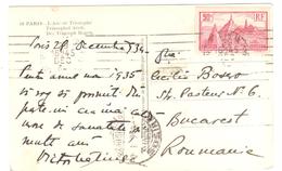 PARIS Carte Postale Dest ROUMANIE Buccarest 90c Puy En Velay Yv 290 Ob 29 12 1934 - Lettres & Documents